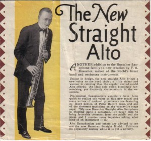 An advertisement for The Beuscher Co.'s straight alto saxophone.